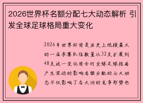 2026世界杯名额分配七大动态解析 引发全球足球格局重大变化