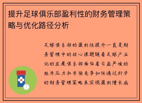 提升足球俱乐部盈利性的财务管理策略与优化路径分析