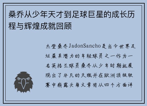 桑乔从少年天才到足球巨星的成长历程与辉煌成就回顾